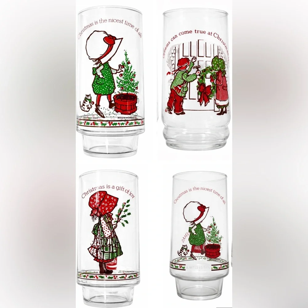 Vintage Holly Hobbie Coca-Cola Christmas Glasses Set of 4 Limited Edition 1970s